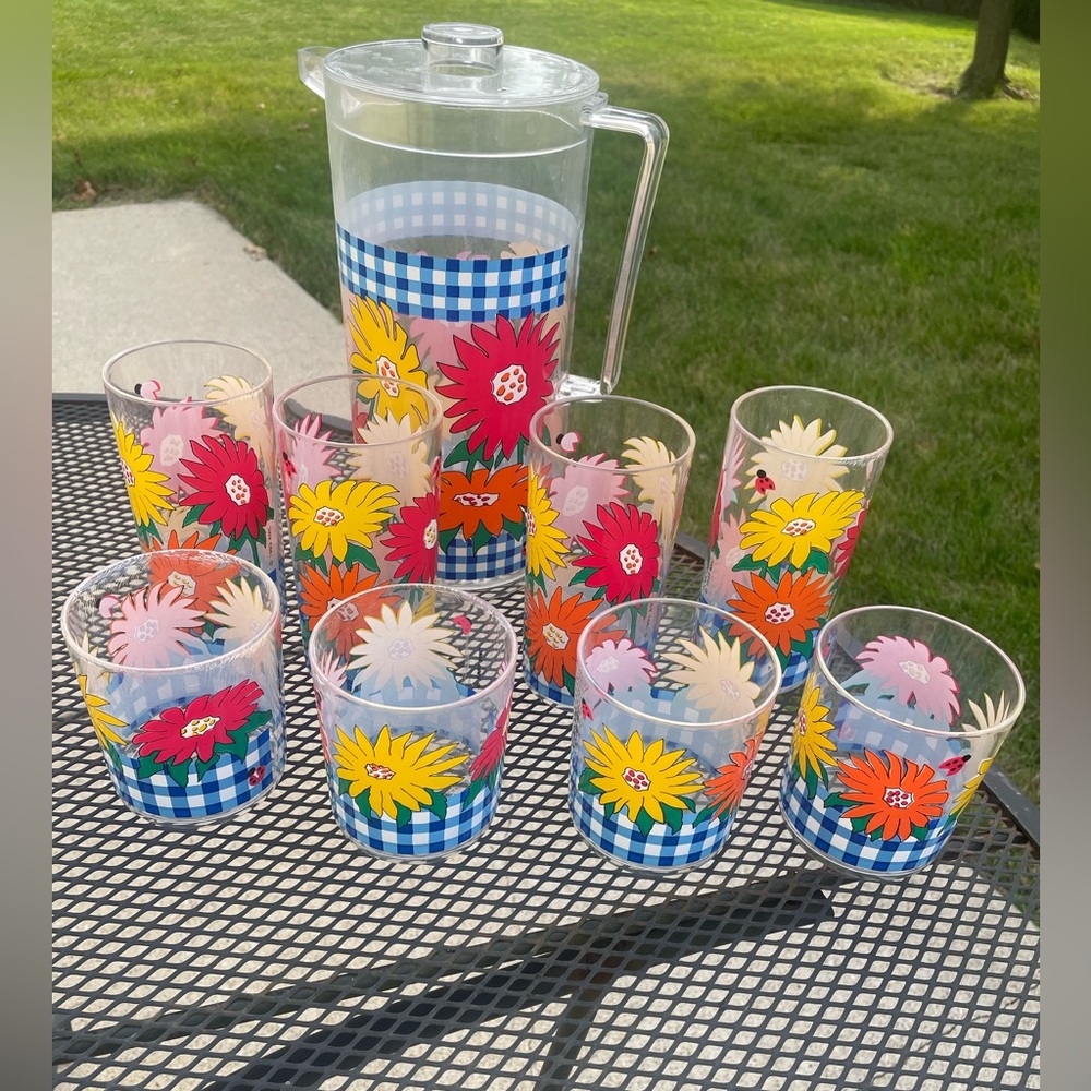 Vintage Signed 1993 AMC Acrylic Floral Pitcher/8 Two Sizes Tumblers Set READ